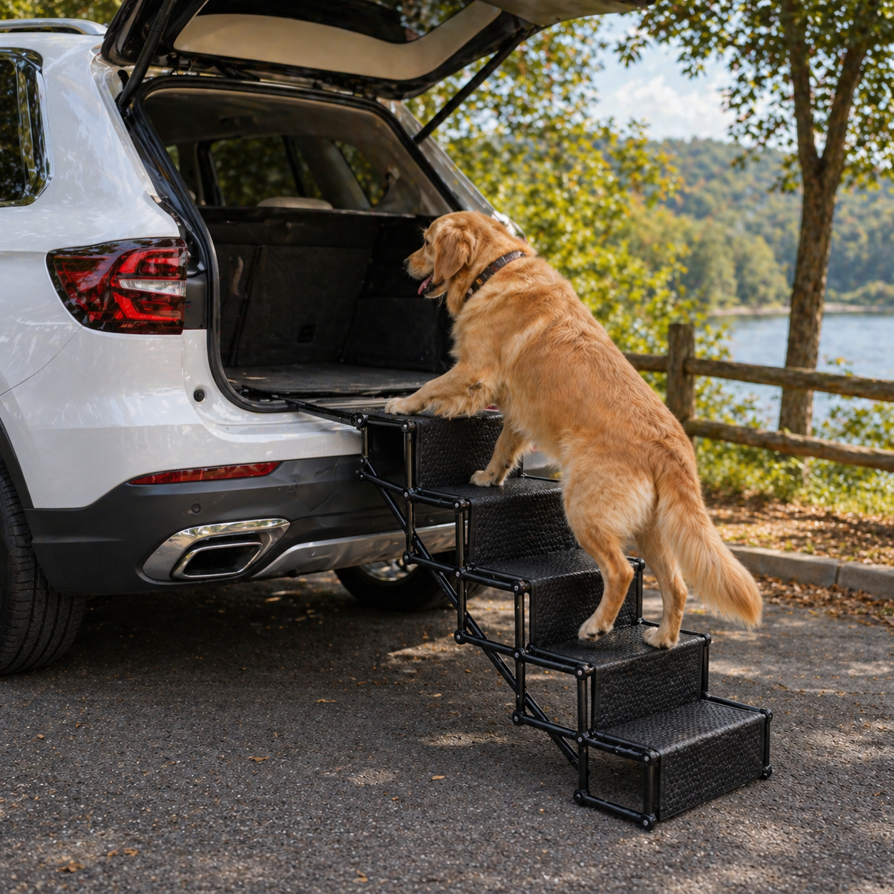 Boost Foldable Dog Car Stairs — folds flat for compact storage in the trunk