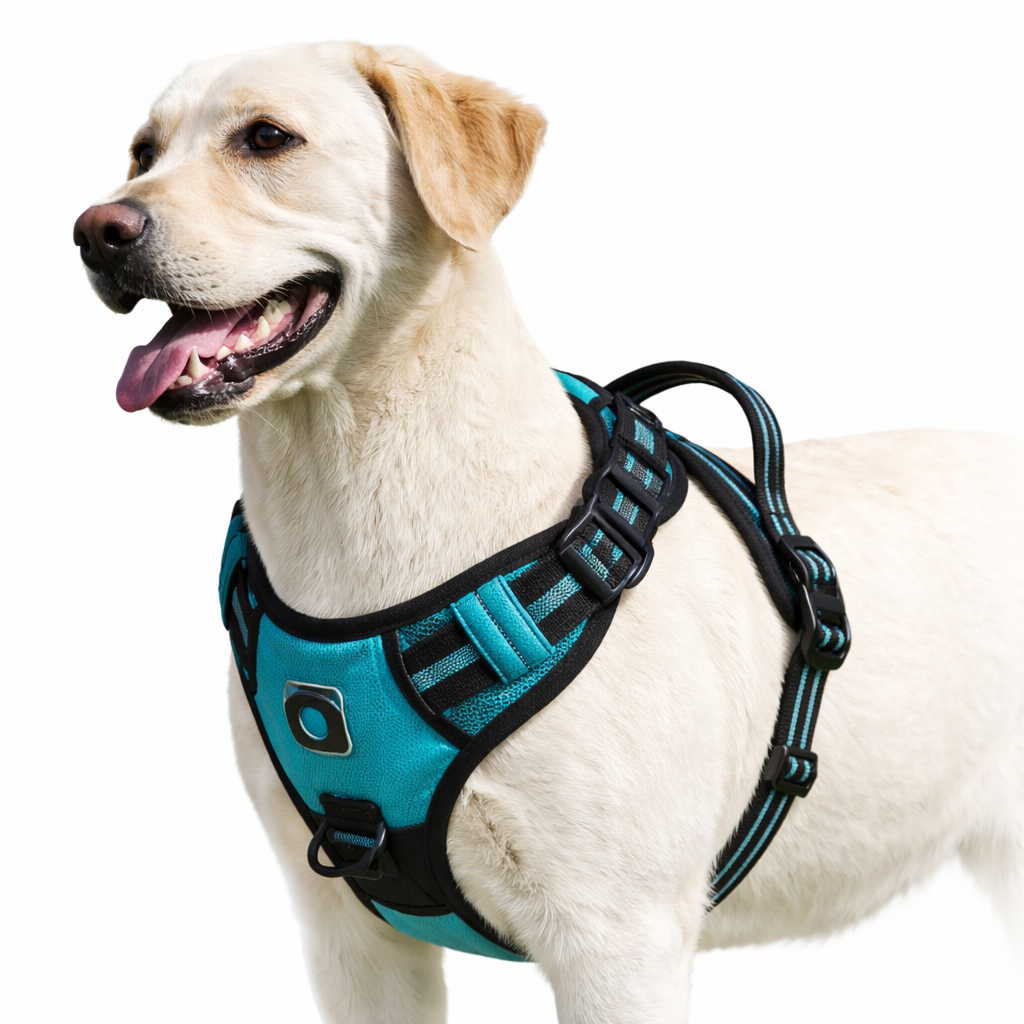 Dog wearing the teal Nuzzinel Ivy no-pull dog harness