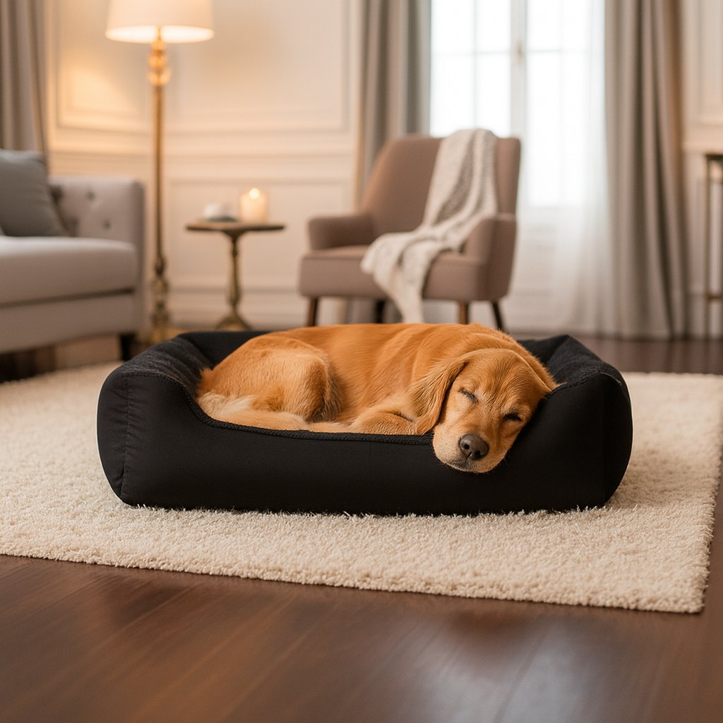 Golden retriever sleeping in the black Nuzzinel Puff bolster dog bed