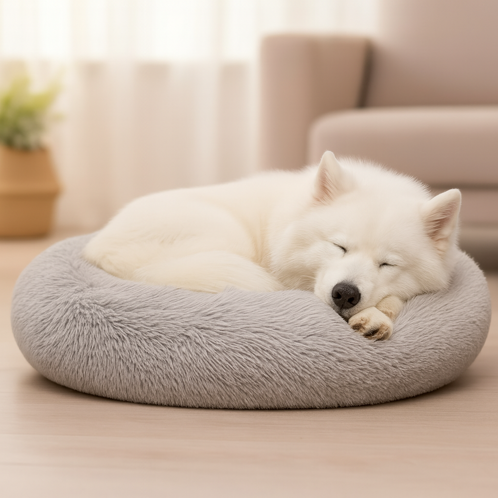 Fluffy dog sleeping in a light grey Cloud calming donut dog bed
