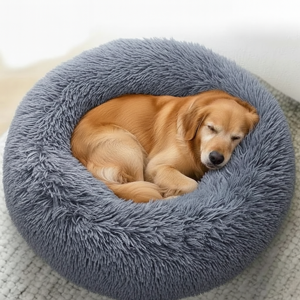 Golden retriever resting in a grey Cloud calming donut dog bed
