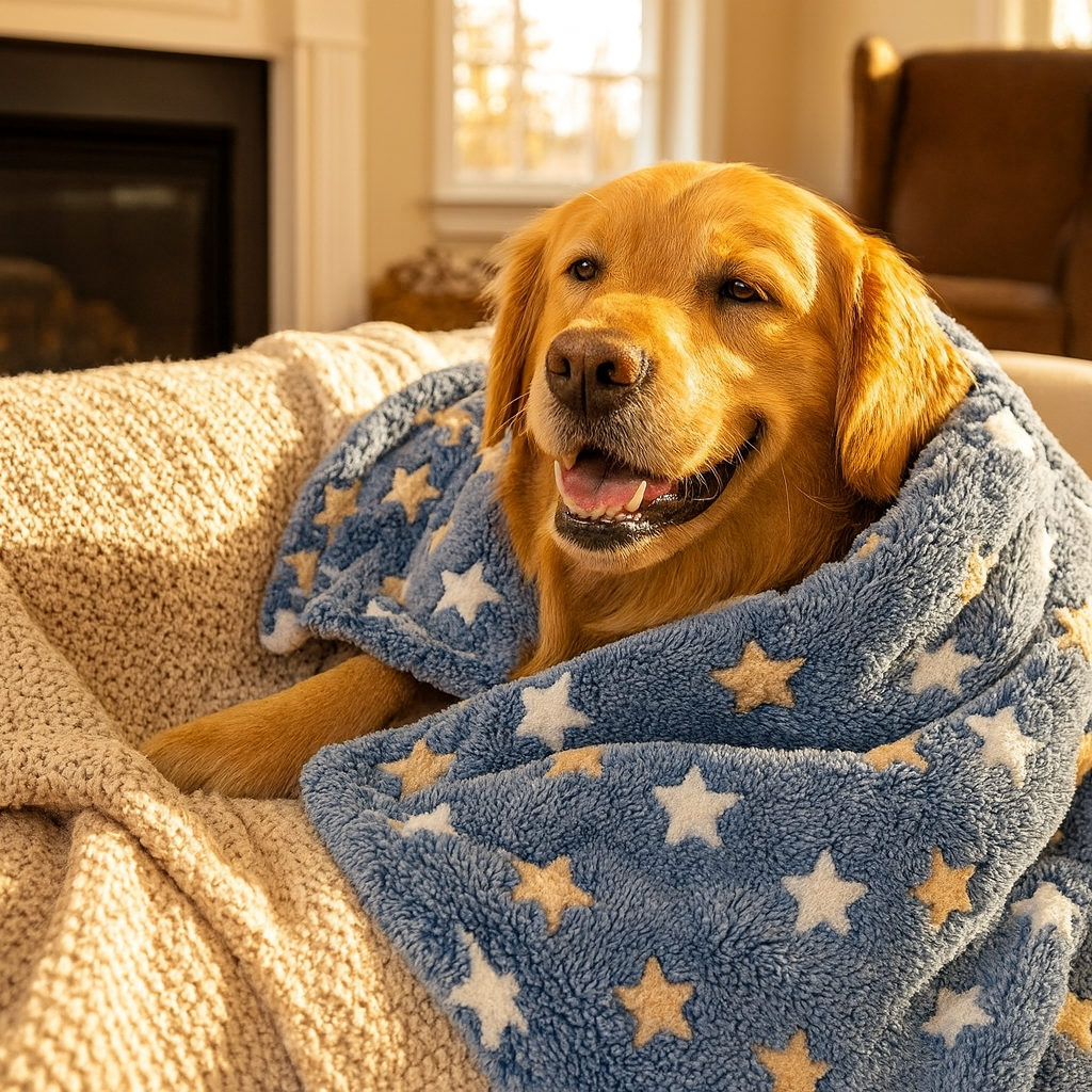 Golden retriever cozy in the blue star Doze plush bed mat