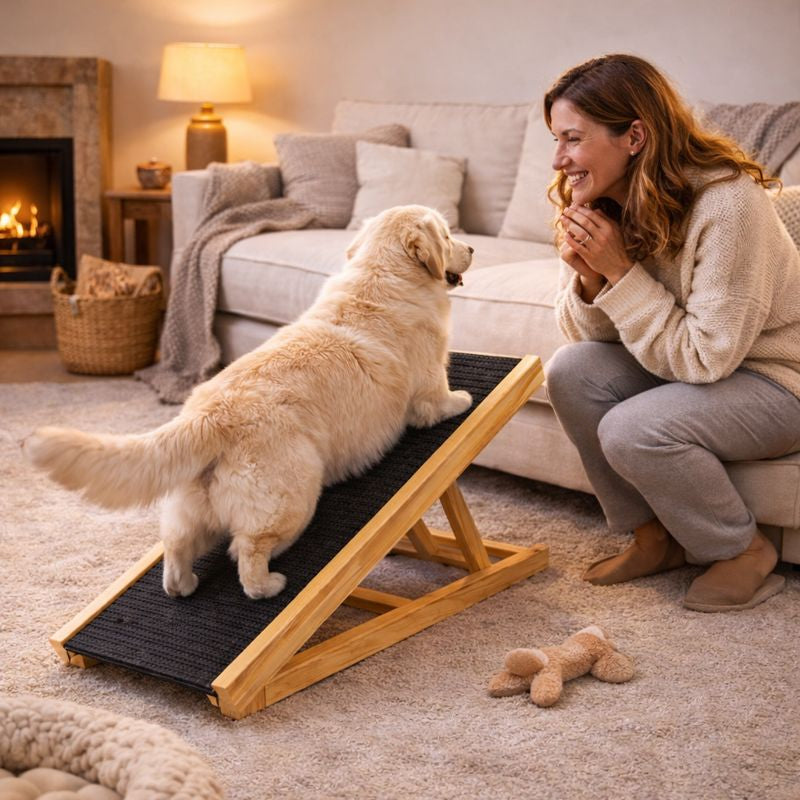 Woman with her golden retriever beside the Amble dog ramp