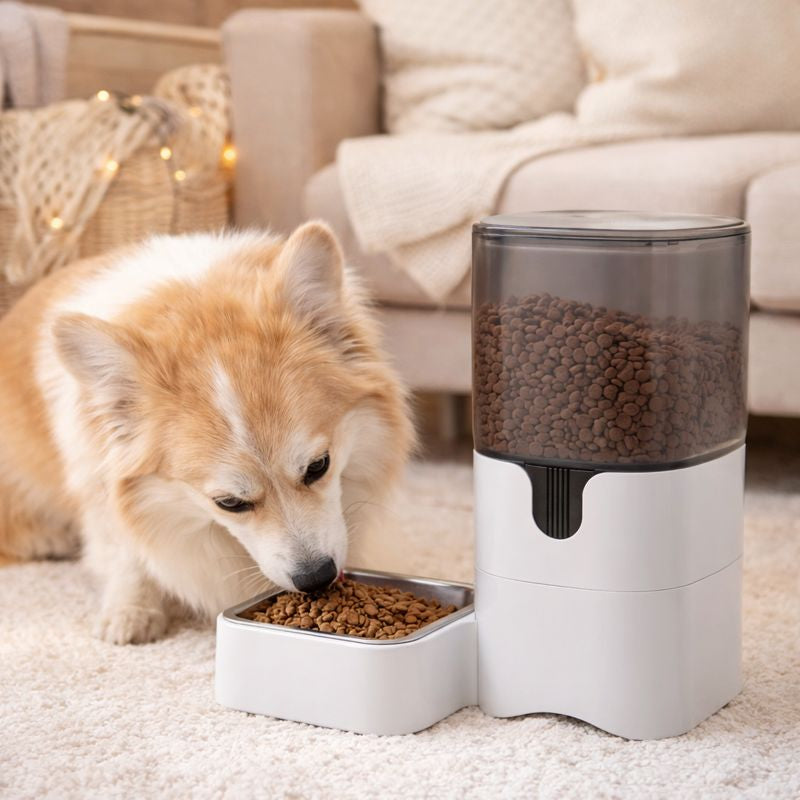 Fluffy dog eating a scheduled meal from the Chef smart dog feeder