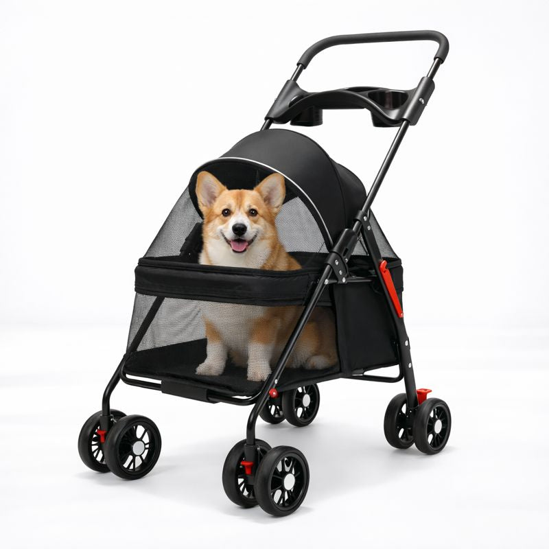 Corgi riding in the black Wander Foldable Dog Stroller