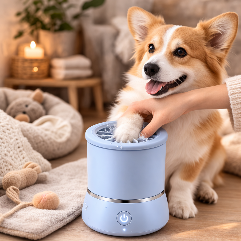 Corgi beside the blue Dip automatic dog paw cleaner in a cozy living room