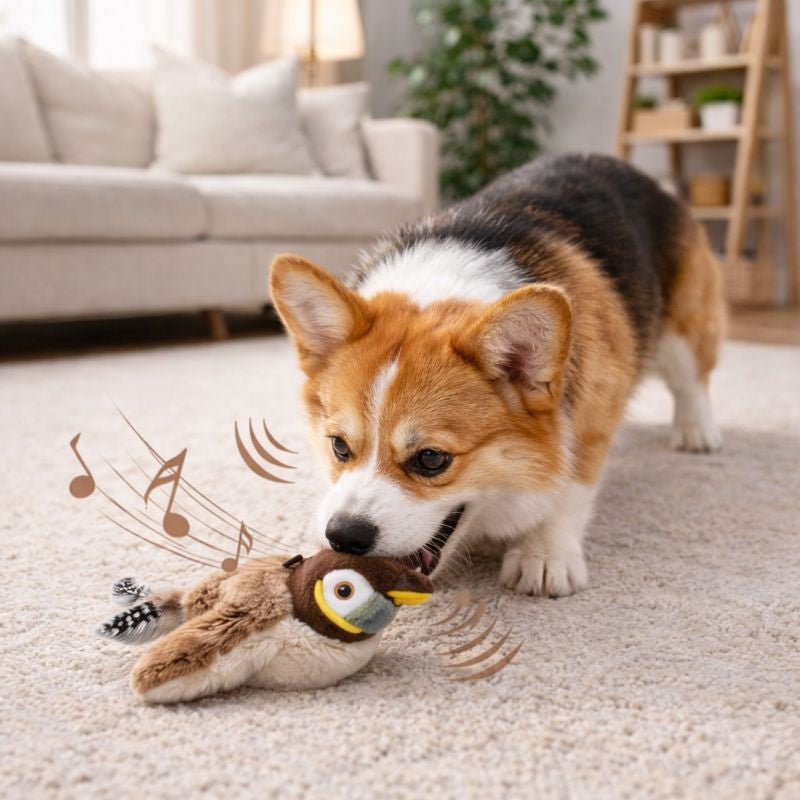 Corgi playing with the Flit chirping bird toy on a rug