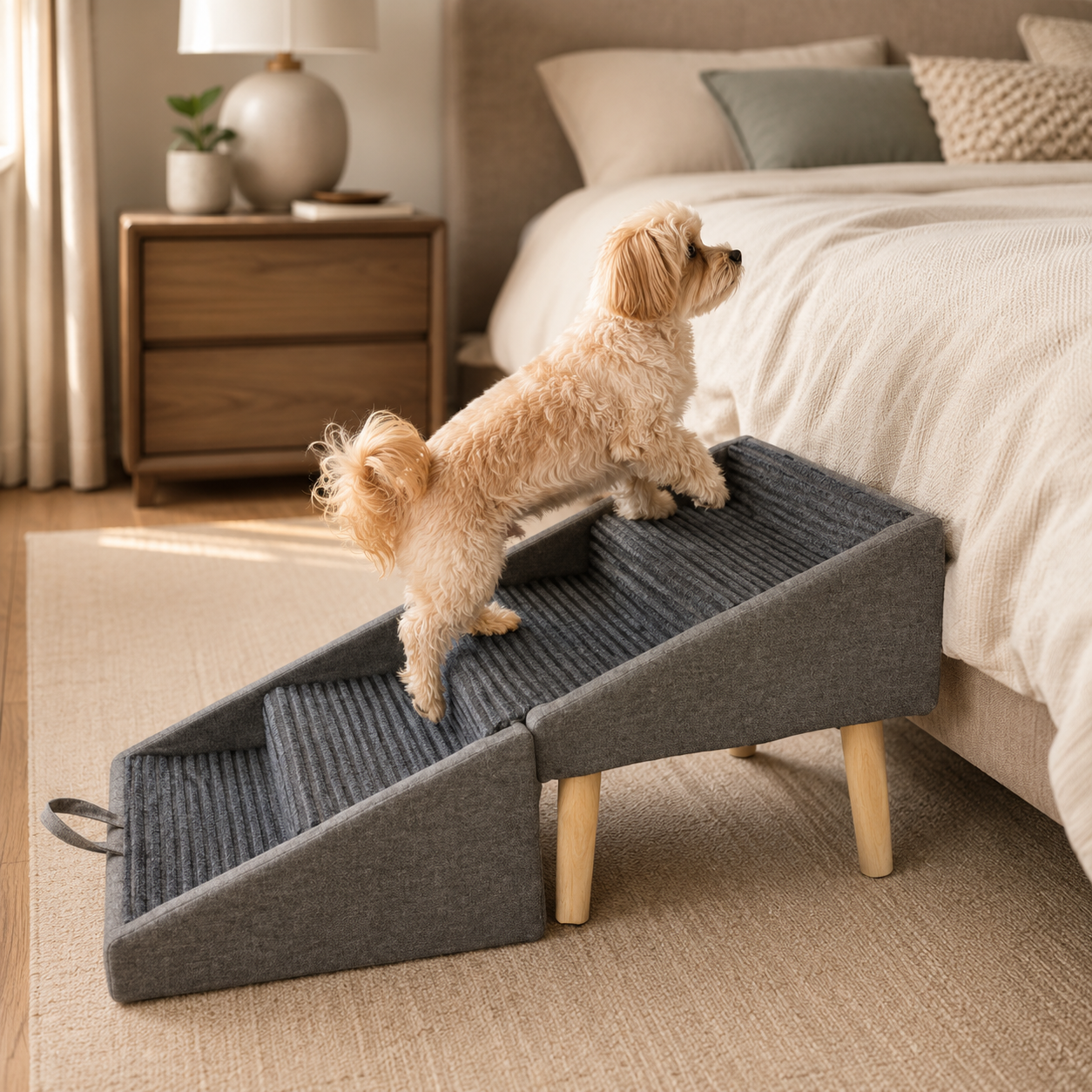 Glide 2-in-1 Dog Ramp & Stool in Slate Grey — small dog using the foldable ramp to reach the bed