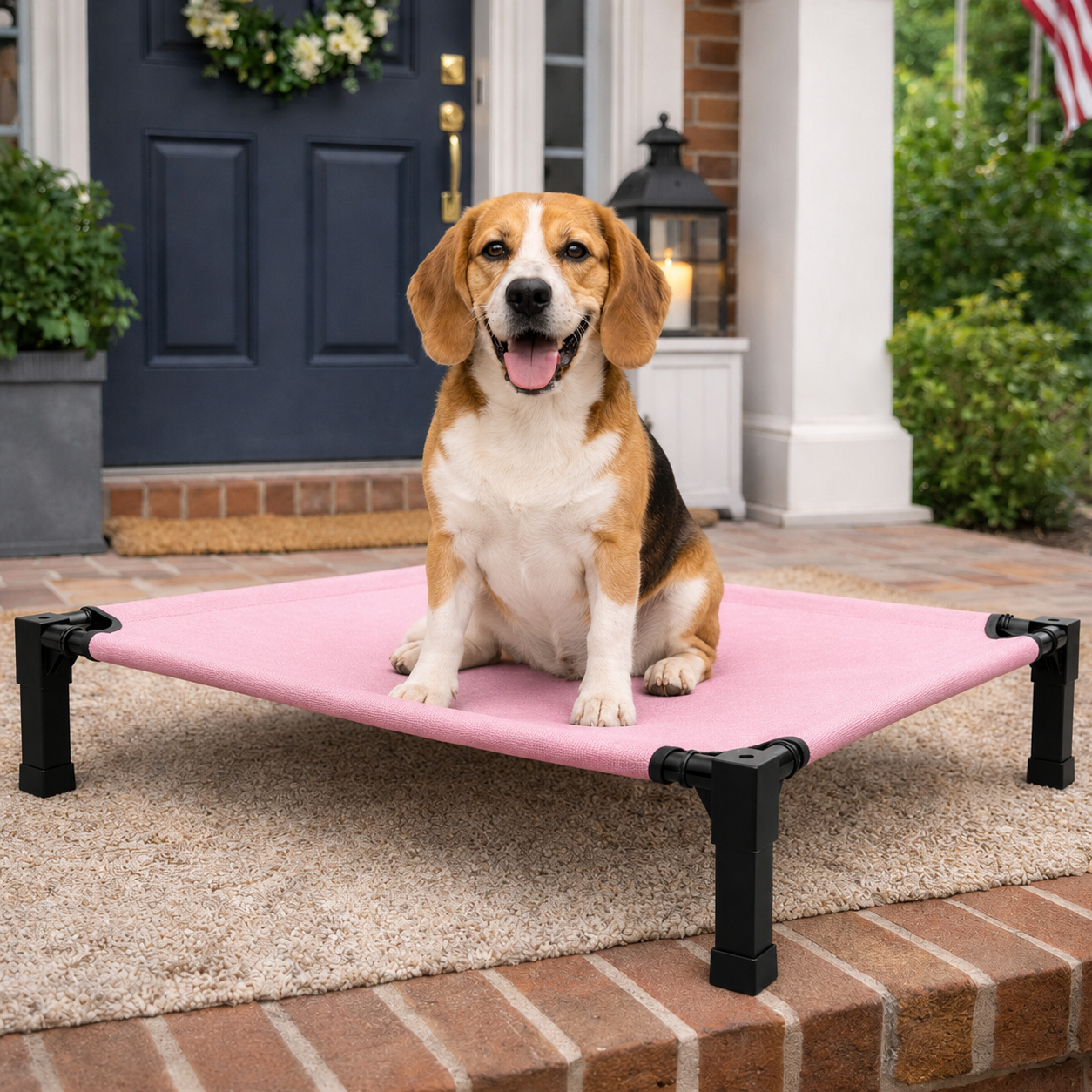 Beagle on the pink Perch elevated cooling dog bed
