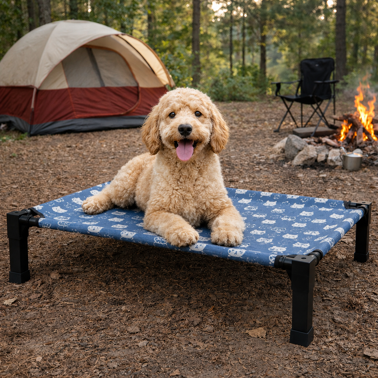 Goldendoodle on the blue Perch elevated cooling dog cot