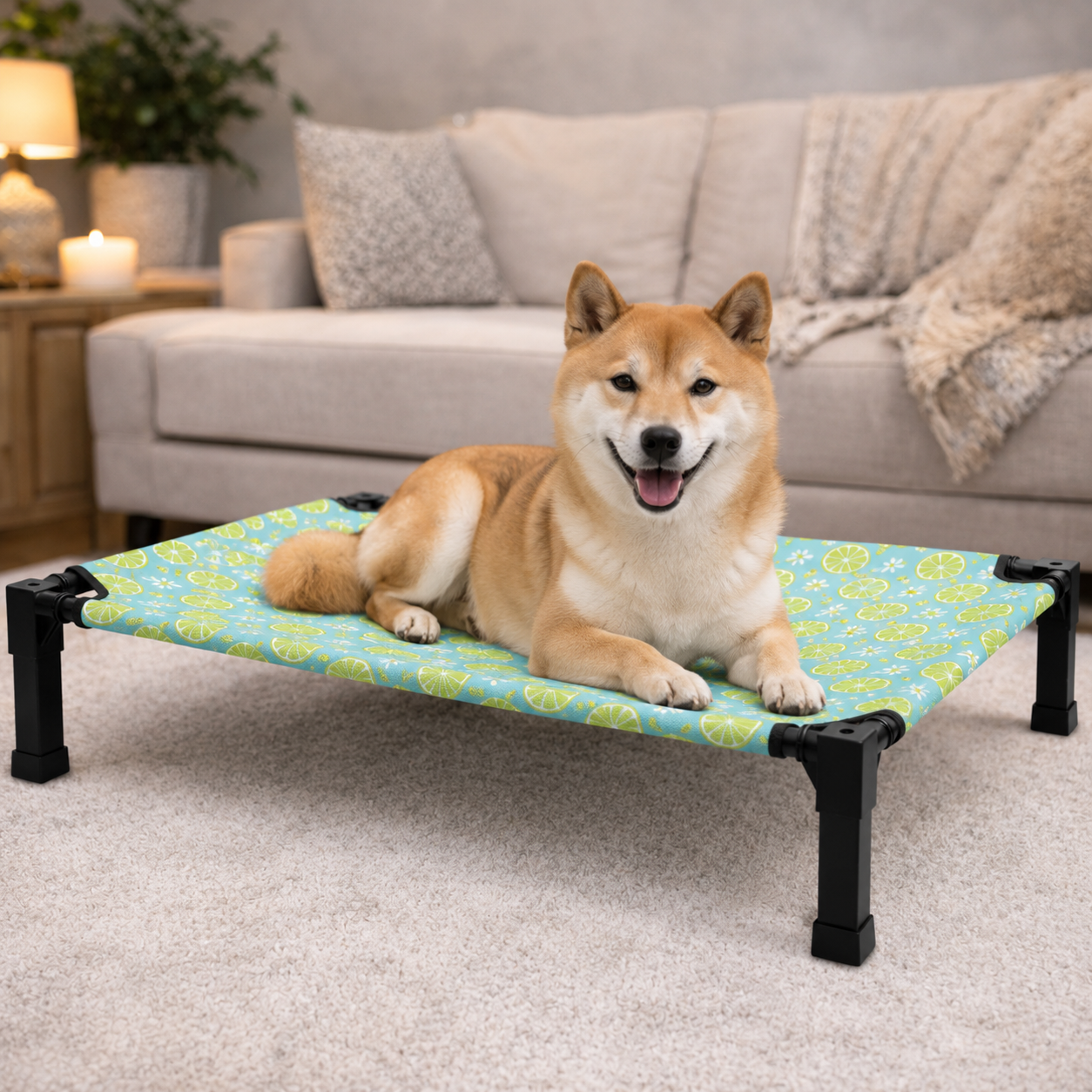 Dog on the lime Perch elevated cooling dog bed