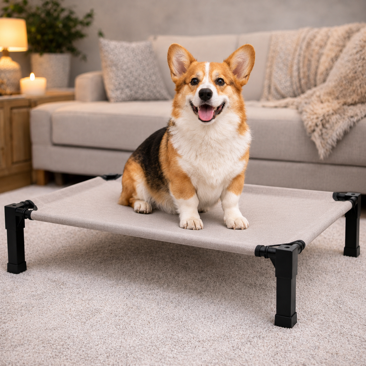 Corgi on the oxford ash Perch elevated cooling dog bed