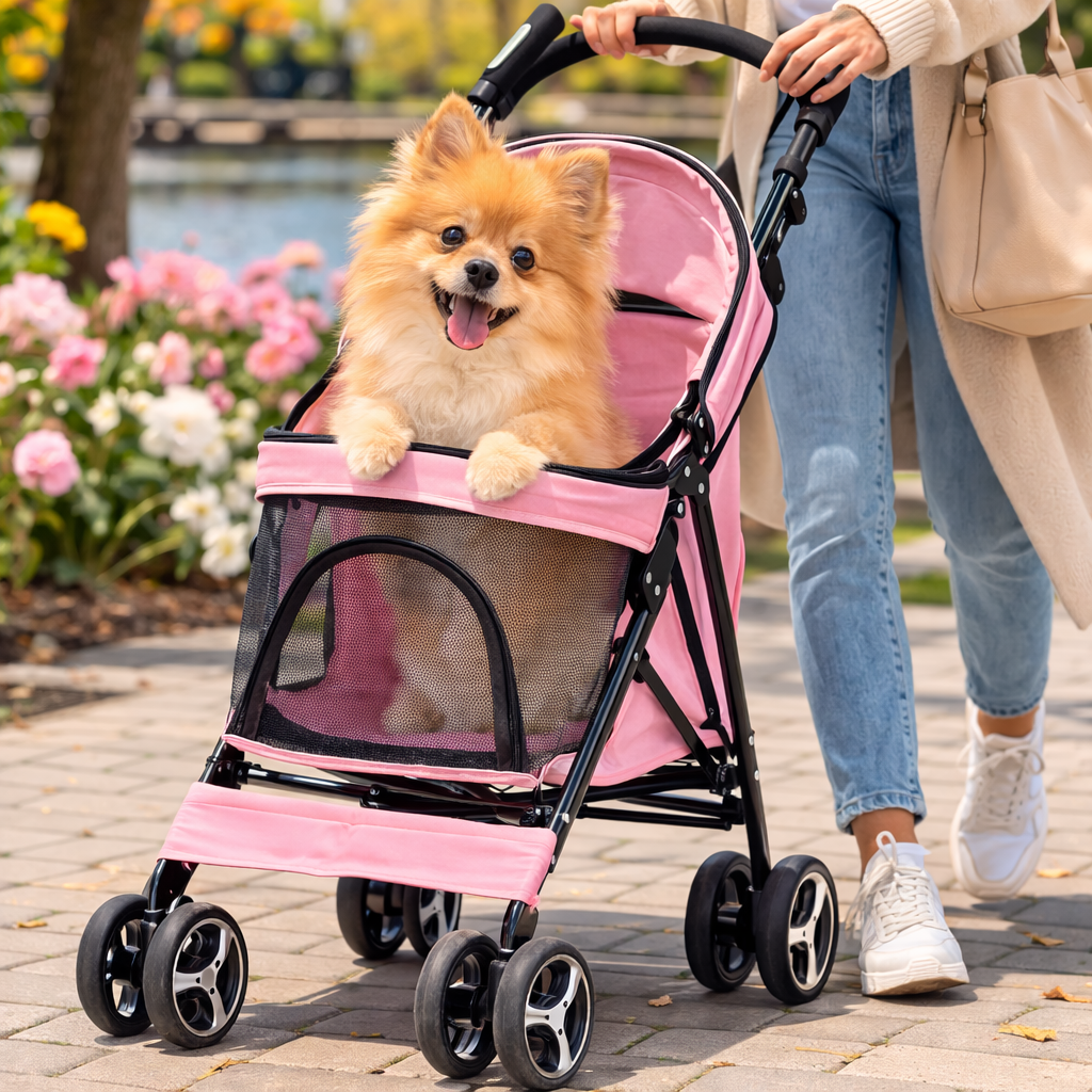 Pomeranian riding in the pink Wander Foldable Dog Stroller