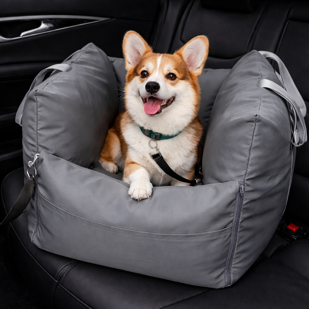 Grey Roam Waterproof Dog Car Seat Bed with a corgi riding in a car