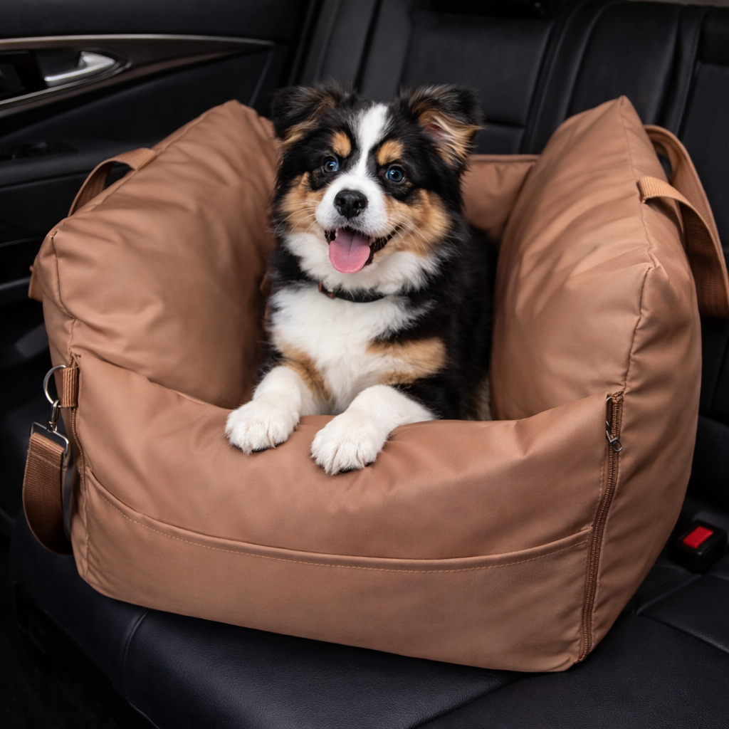 Brown Roam Waterproof Dog Car Seat Bed with an Australian shepherd puppy riding in a car