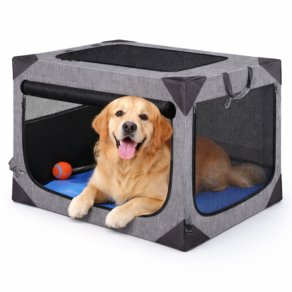Golden retriever resting in the Nuzzinel Den travel dog crate