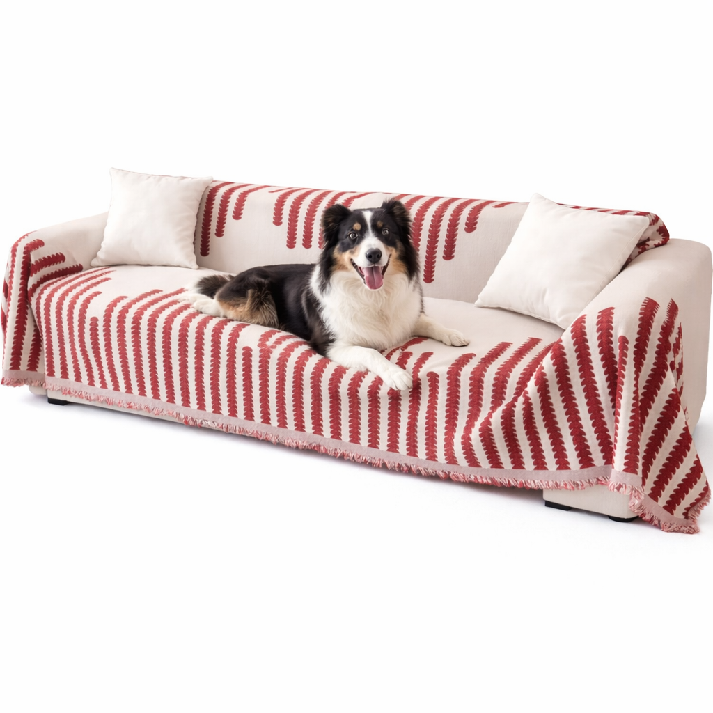 Cove Chenille Dog Sofa Cover in Red draped over a couch with a dog resting on top