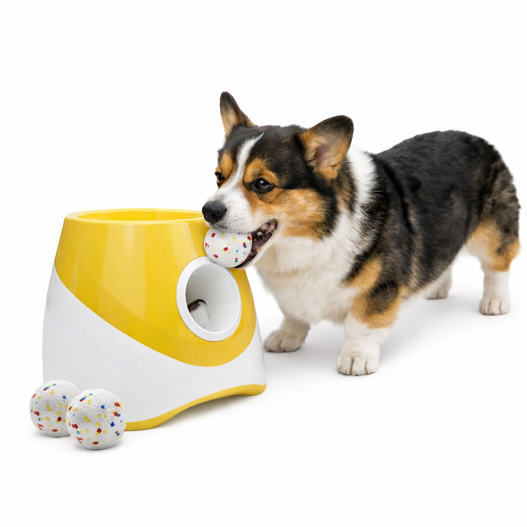 Corgi grabbing a ball from the front of the Rally automatic ball launcher