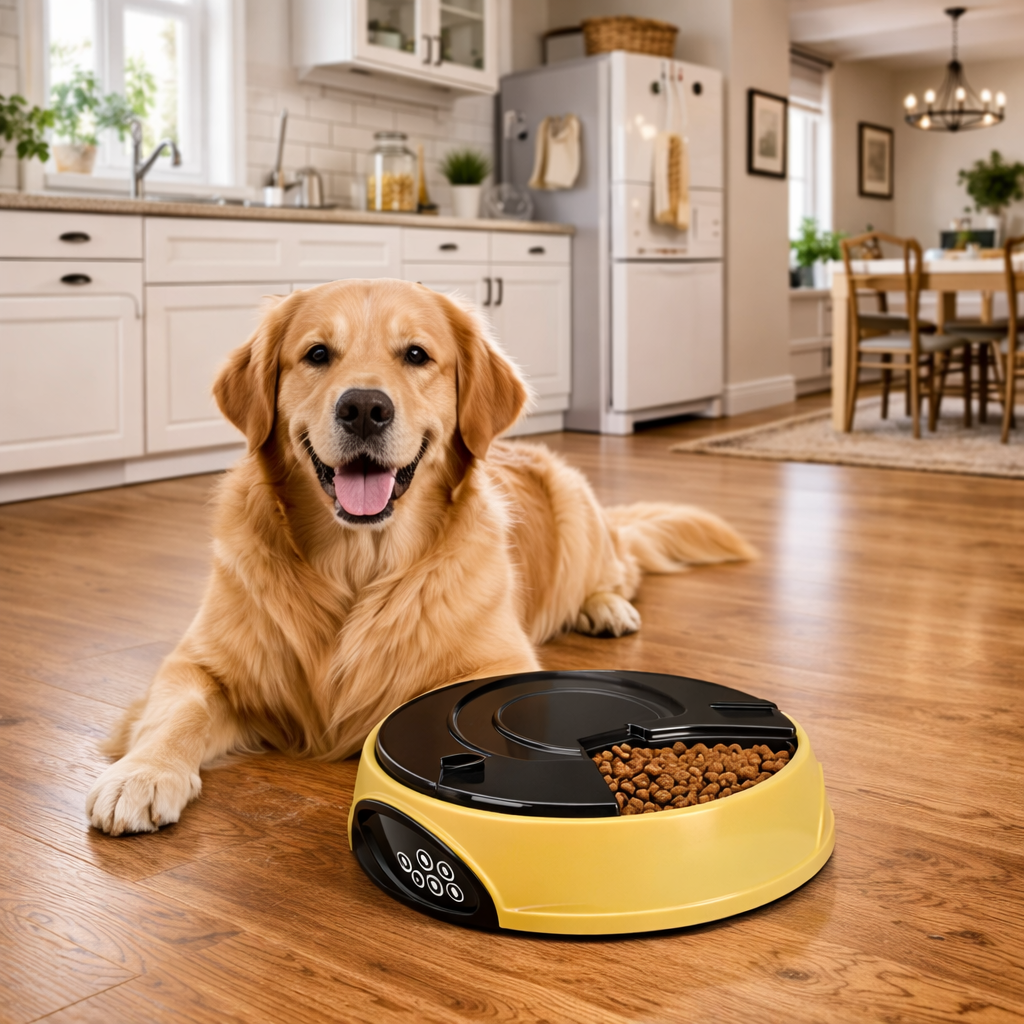 Golden Retriever beside the Yellow Butler automatic dog feeder in a kitchen