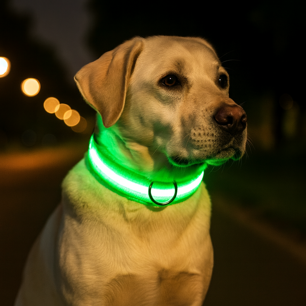 Labrador wearing a green Glimmer LED collar at night