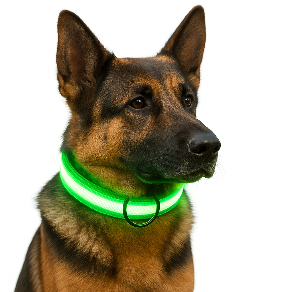 German Shepherd wearing the green Glimmer LED safety dog collar