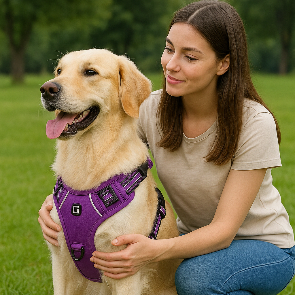 Woman with her dog in the purple Nuzzinel Ivy no-pull harness