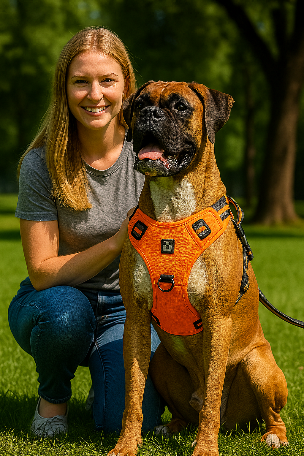 Woman with her dog in the orange Nuzzinel Ivy no-pull harness