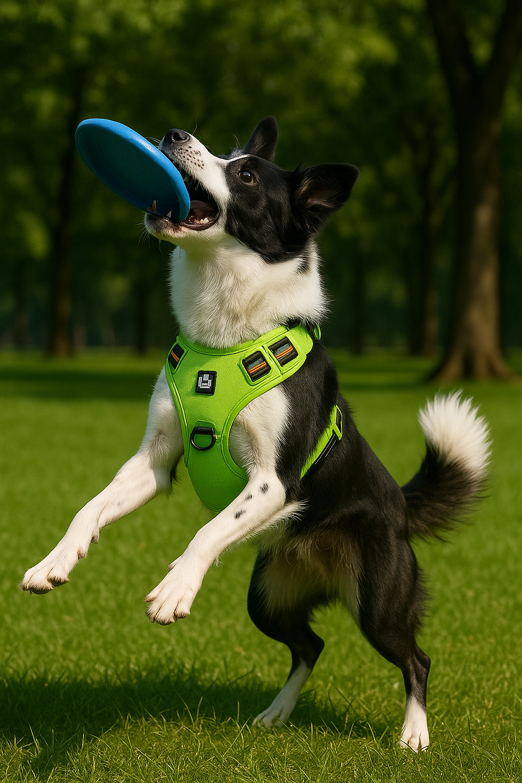 Dog leaping in the green Nuzzinel Ivy no-pull dog harness