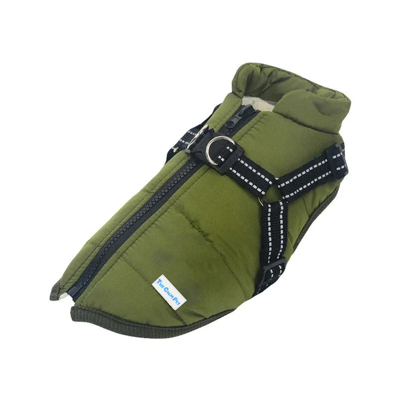 Aspen Waterproof Winter Dog Coat in Green with built-in harness