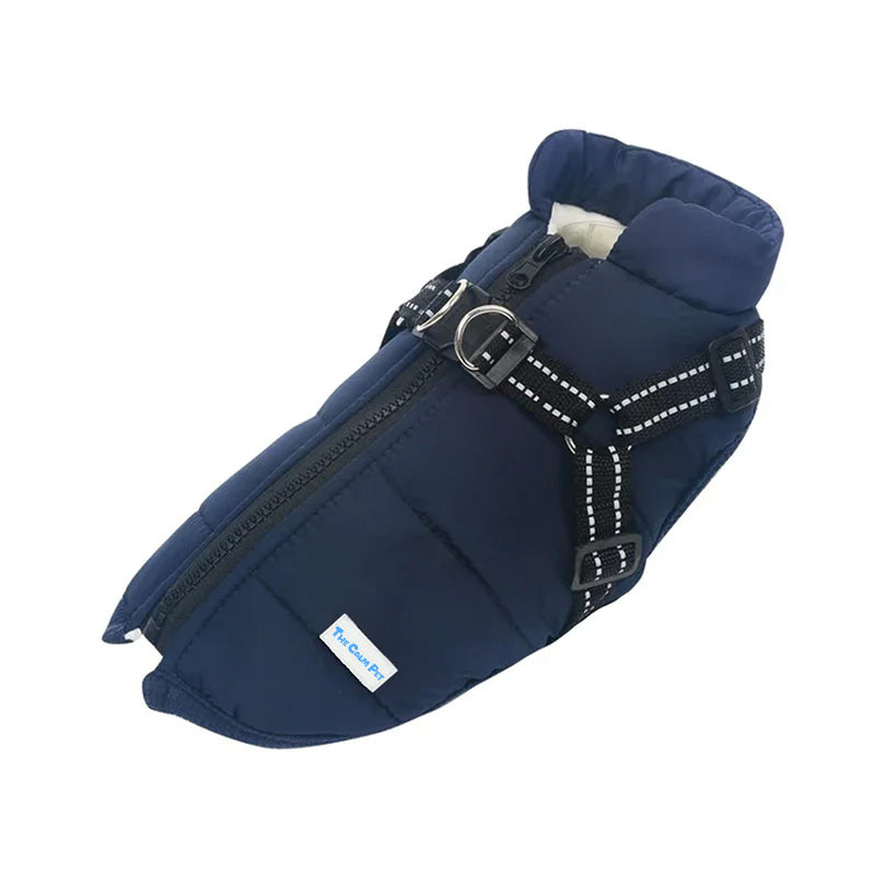 Aspen Waterproof Winter Dog Coat in Navy Blue with built-in harness