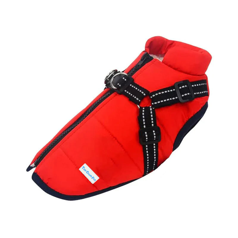 Aspen Waterproof Winter Dog Coat in Red with built-in harness