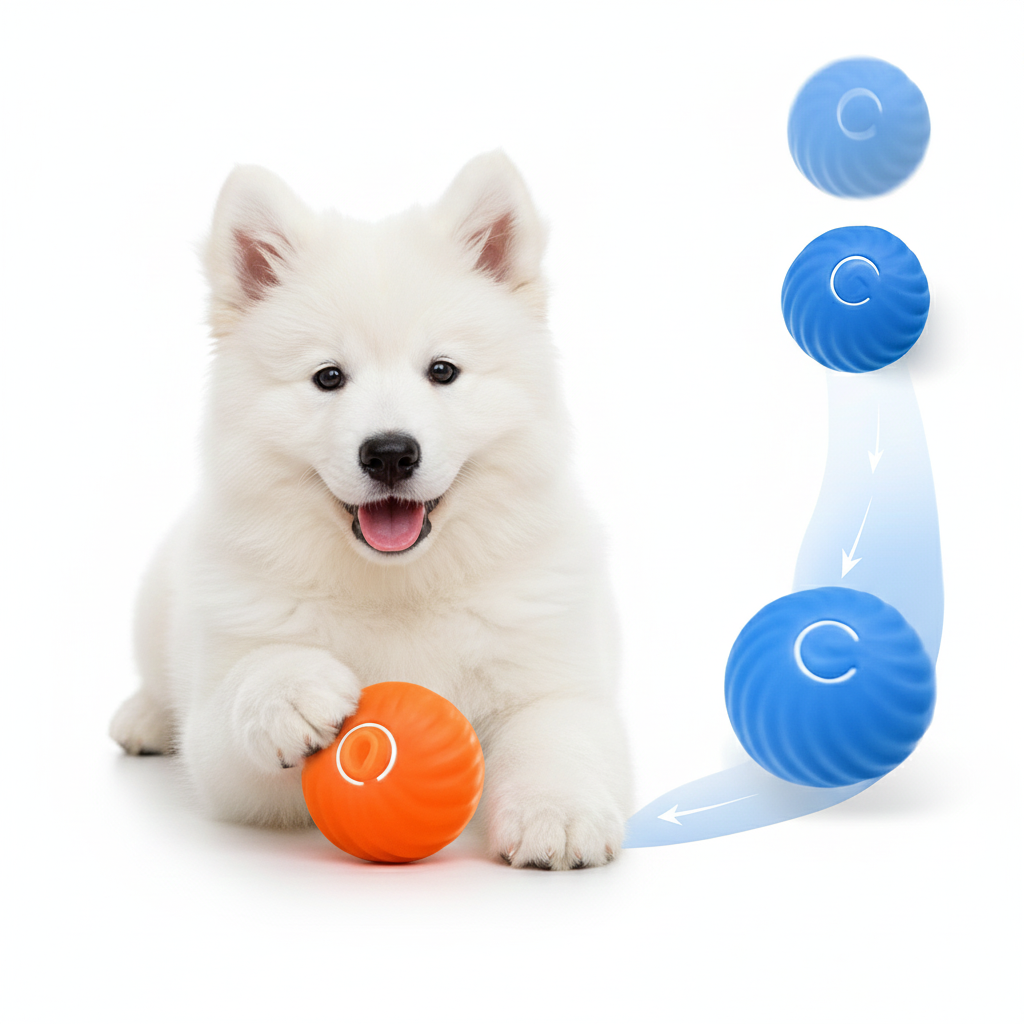 White puppy playing with the orange Zoom automatic moving dog ball