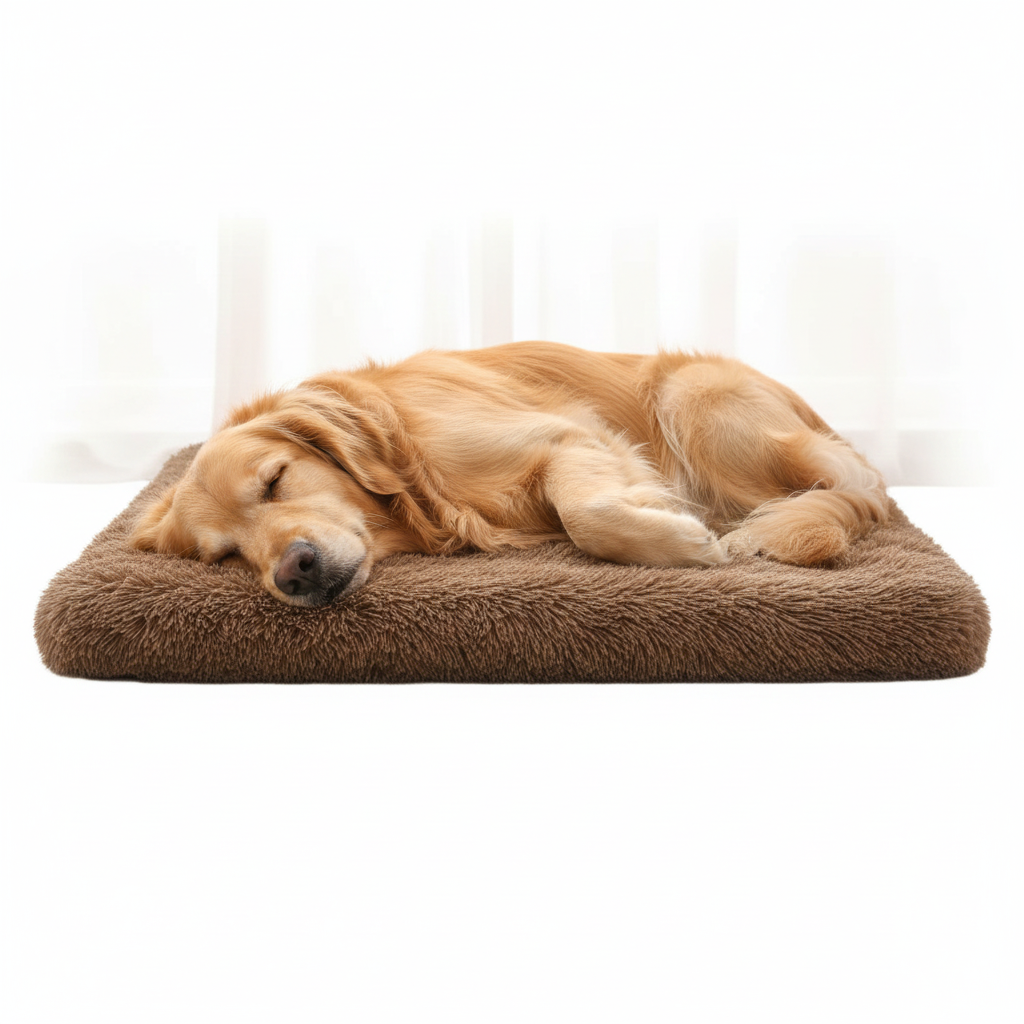Golden retriever sleeping on the Nook calming dog sofa bed in brown