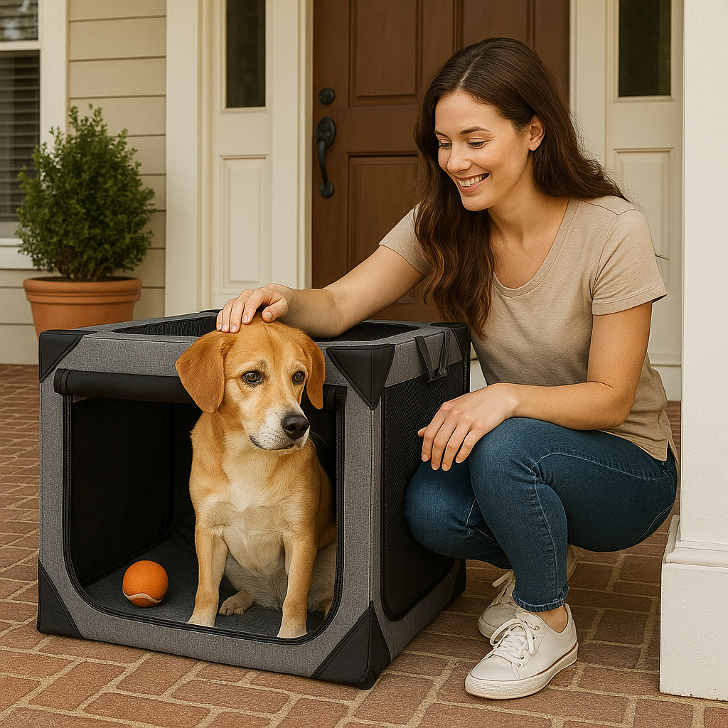 Woman with her dog and the Nuzzinel Den travel crate