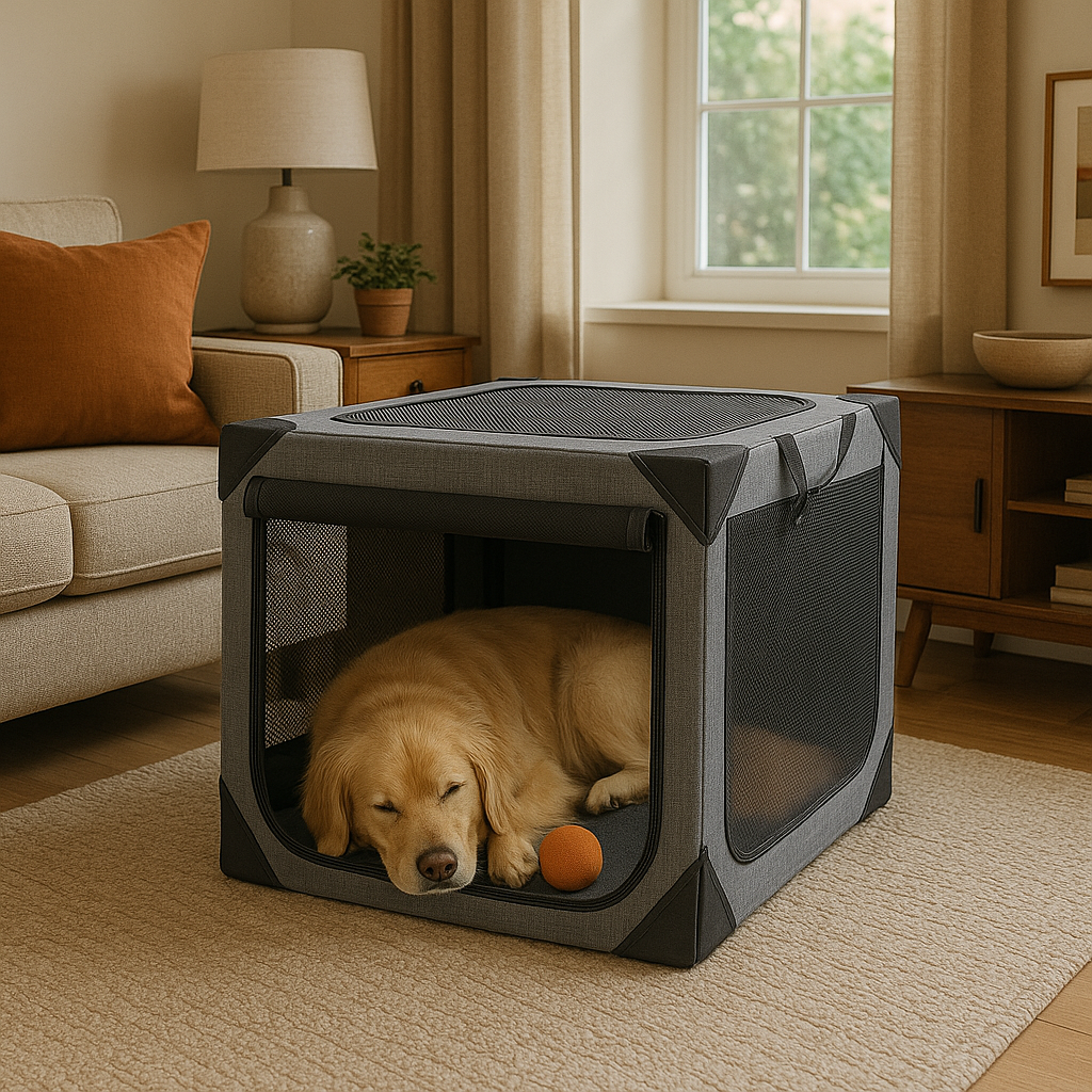 Golden retriever sleeping in the Nuzzinel Den travel crate