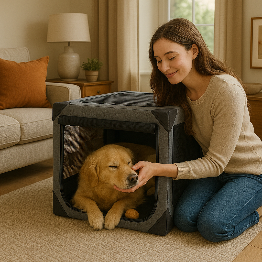 Woman with her golden retriever and the Nuzzinel Den travel crate