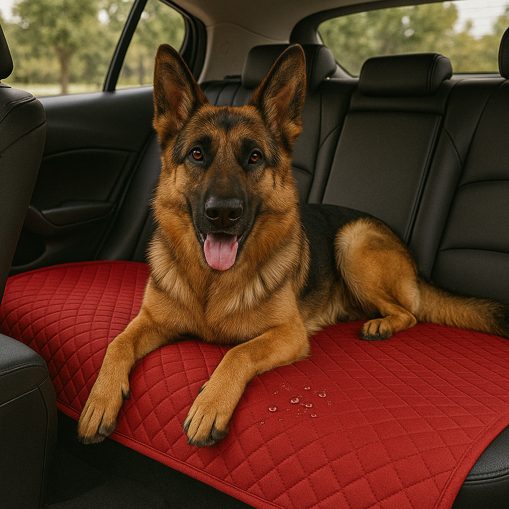 German shepherd on the red Snug blanket in a car back seat