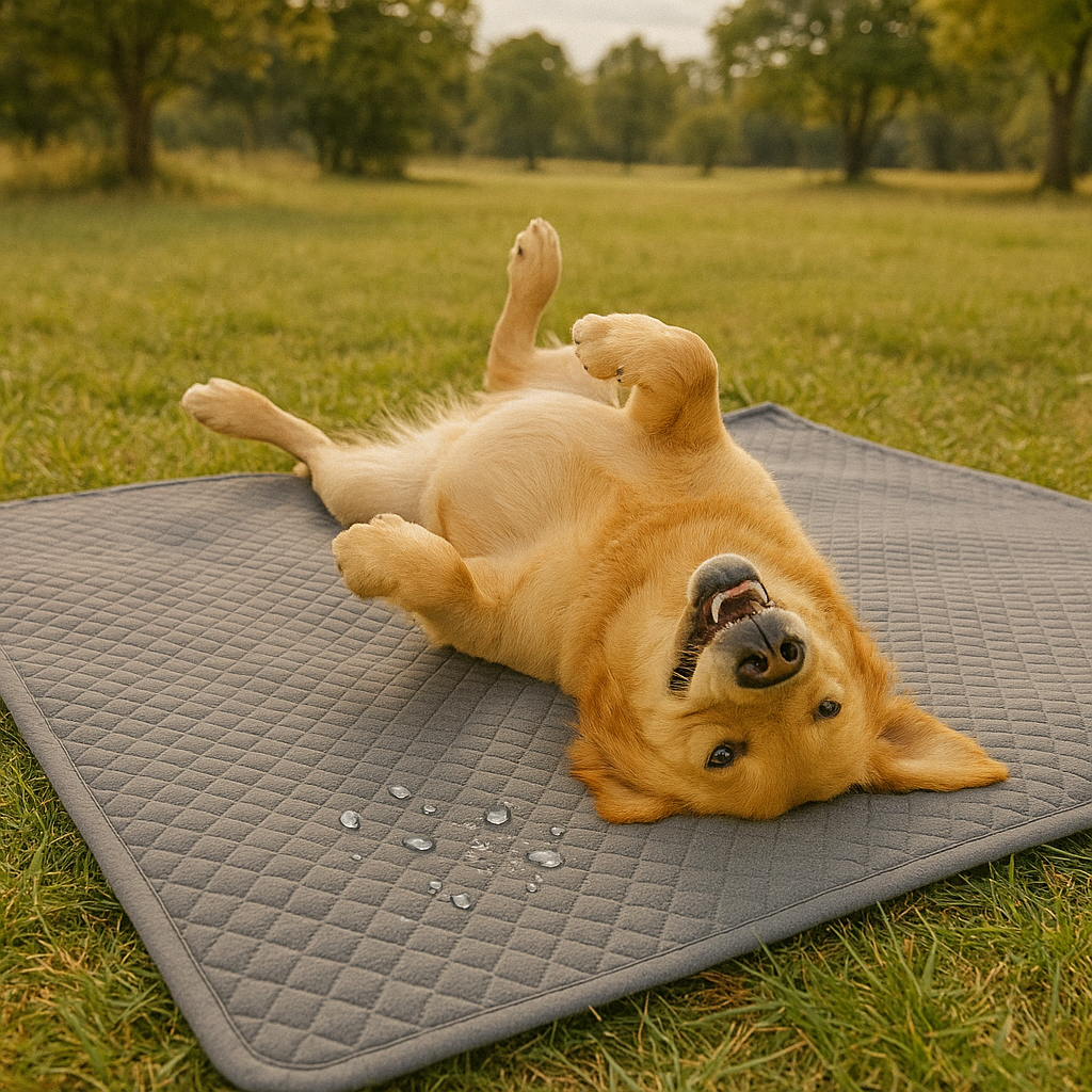 Golden retriever playing on the grey Snug blanket outdoors