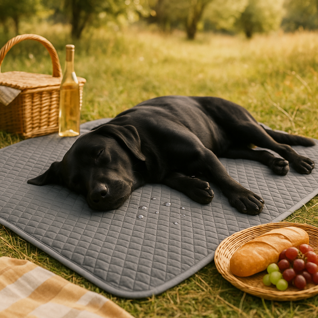 Black Labrador resting on the grey Snug blanket outdoors