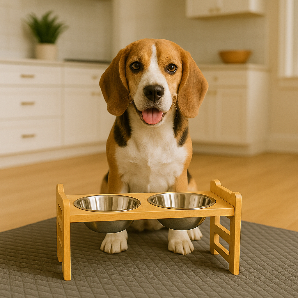 Beagle at the Perch elevated bamboo dog feeder