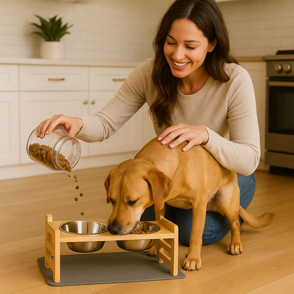 Woman feeding her dog at the Perch elevated bamboo dog feeder