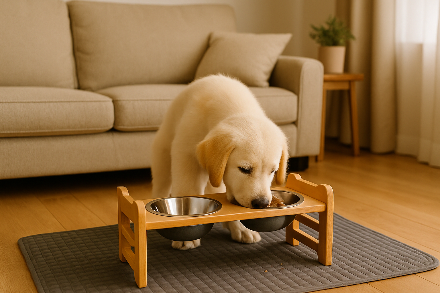 Golden puppy eating from the Perch elevated bamboo dog feeder