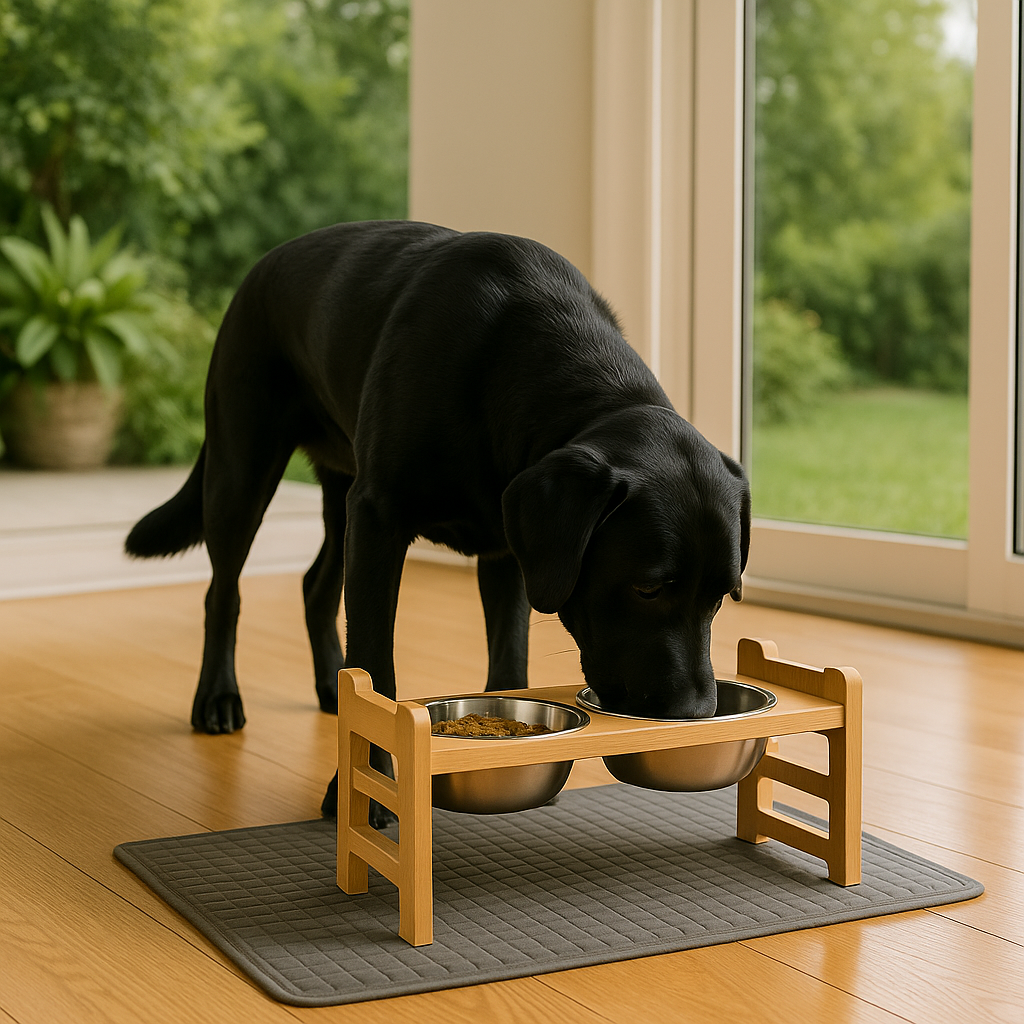 Black Labrador eating from the Perch elevated bamboo dog feeder