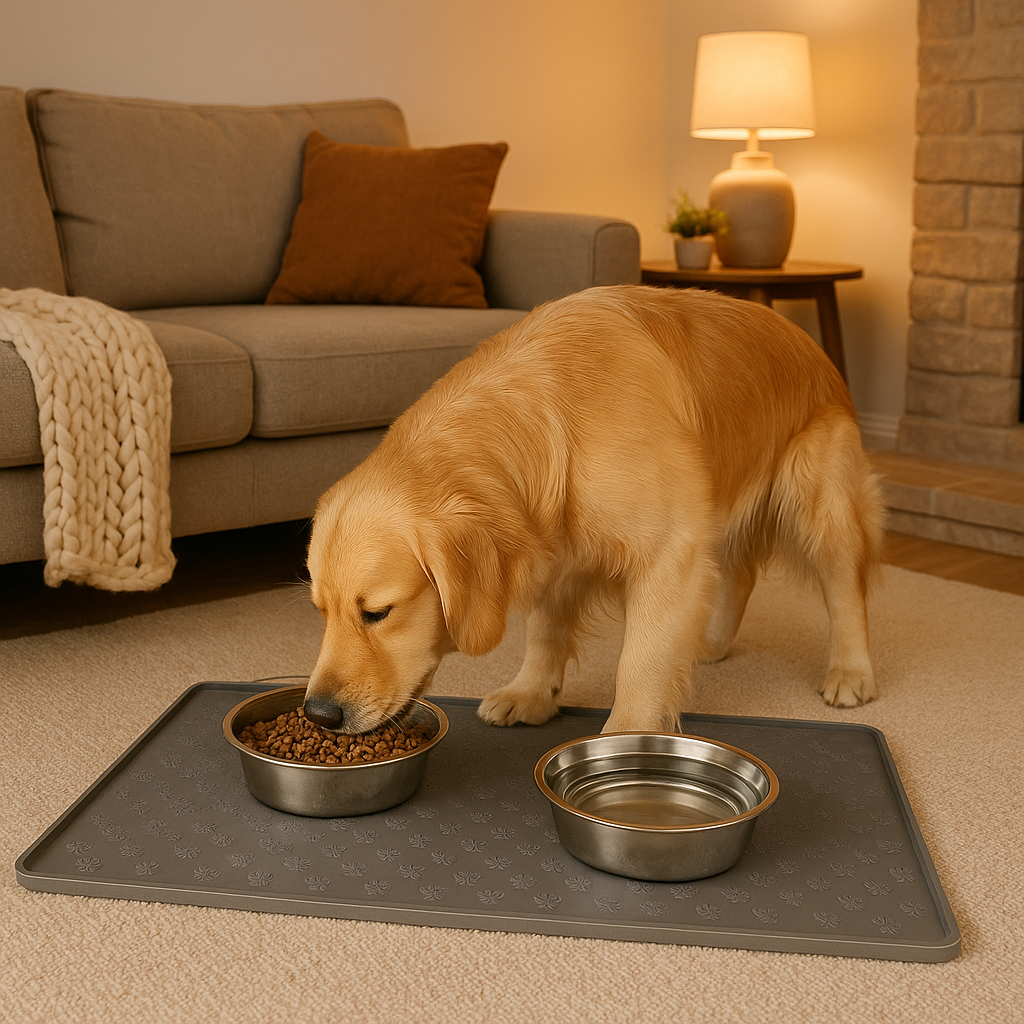Golden retriever eating from a bowl on the grey Nosh feeding mat