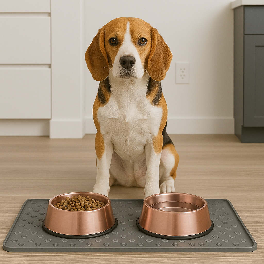 Beagle at its bowls on the grey Nosh feeding mat