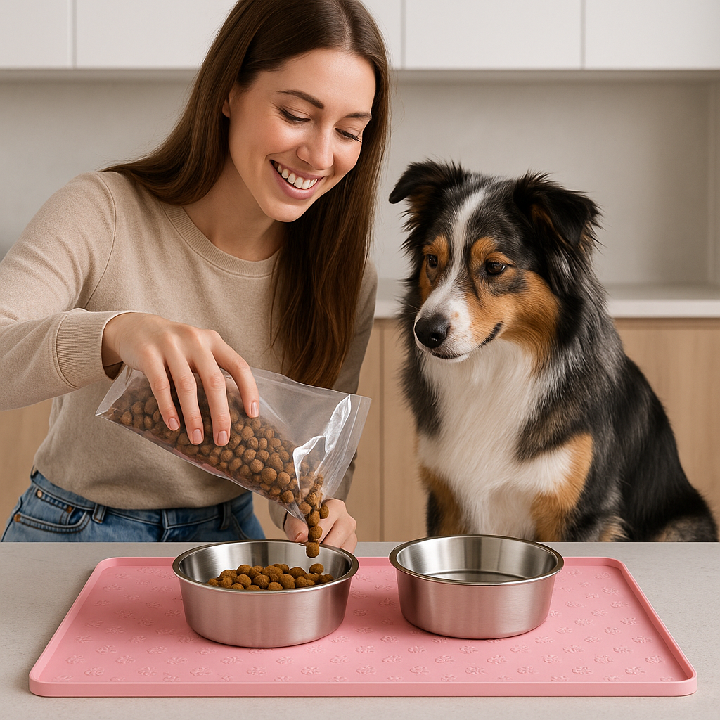 Woman feeding her dog at the pink Nosh silicone feeding mat