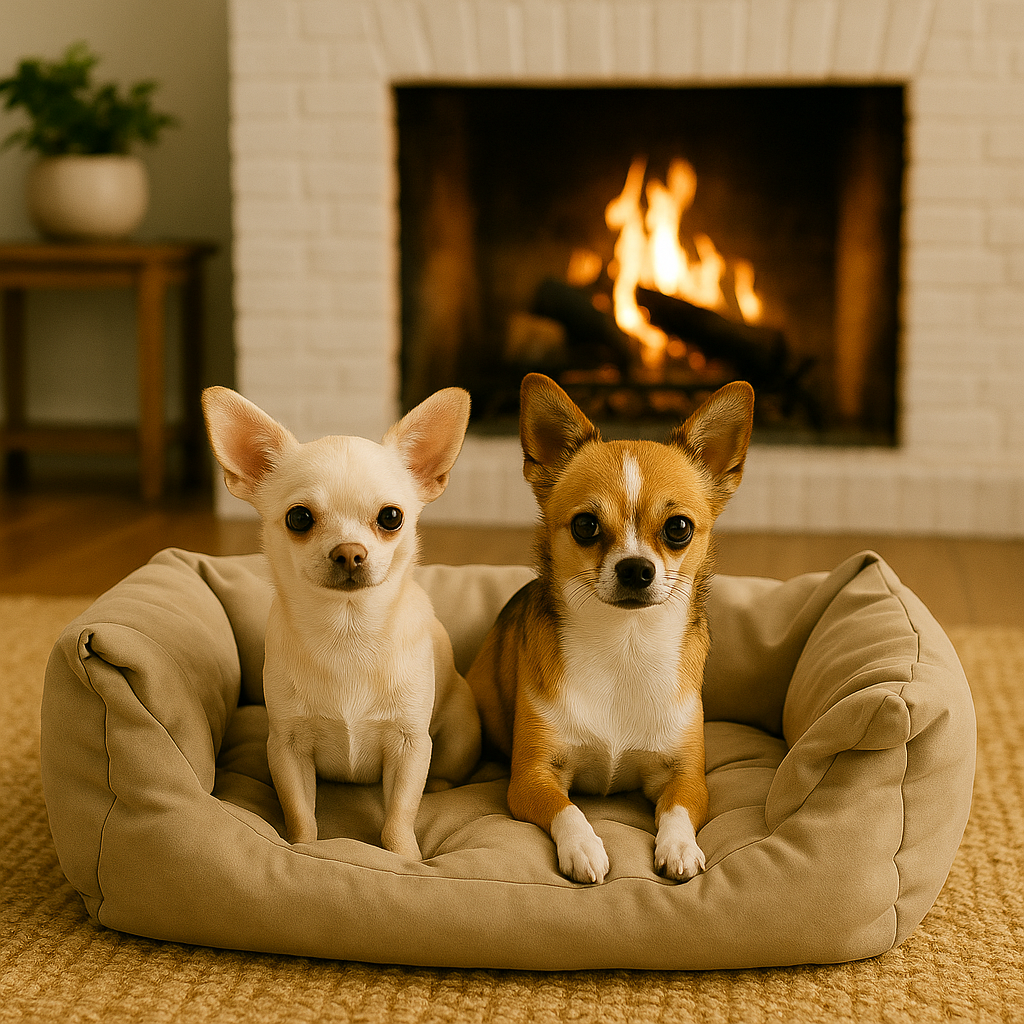 Two small dogs snuggled in the Nuzzinel Trio dog bed