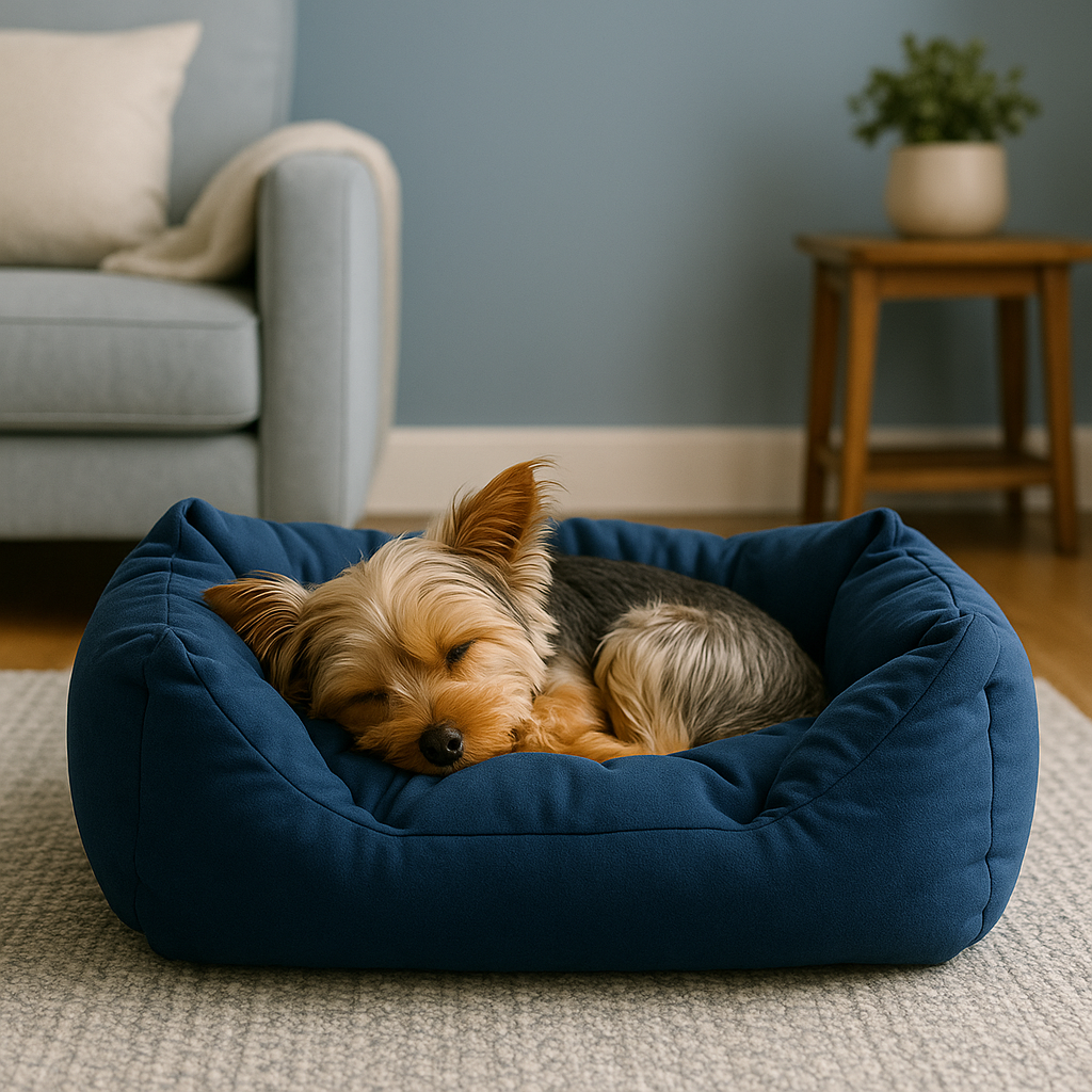 Terrier curled up in the blue Nuzzinel Trio dog bed