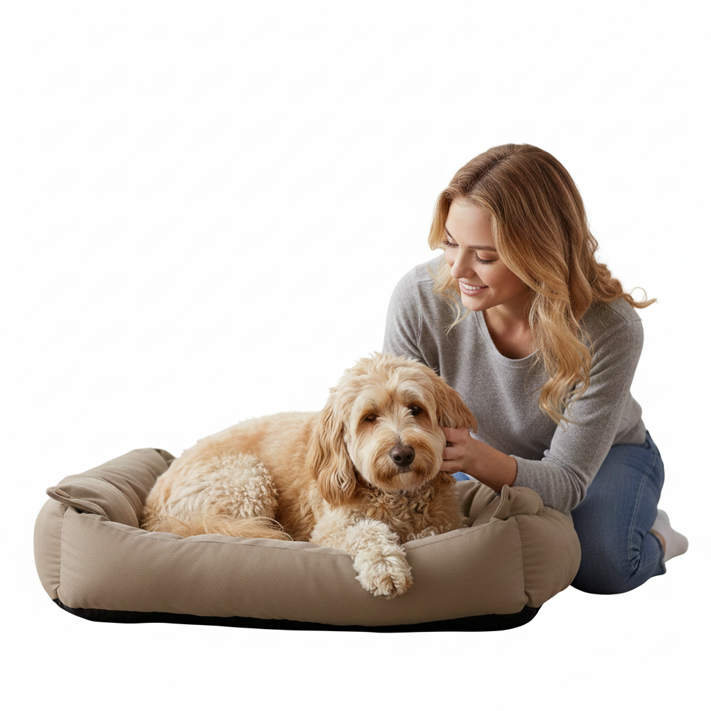 Woman relaxing with her fluffy dog in the Nuzzinel Trio dog bed
