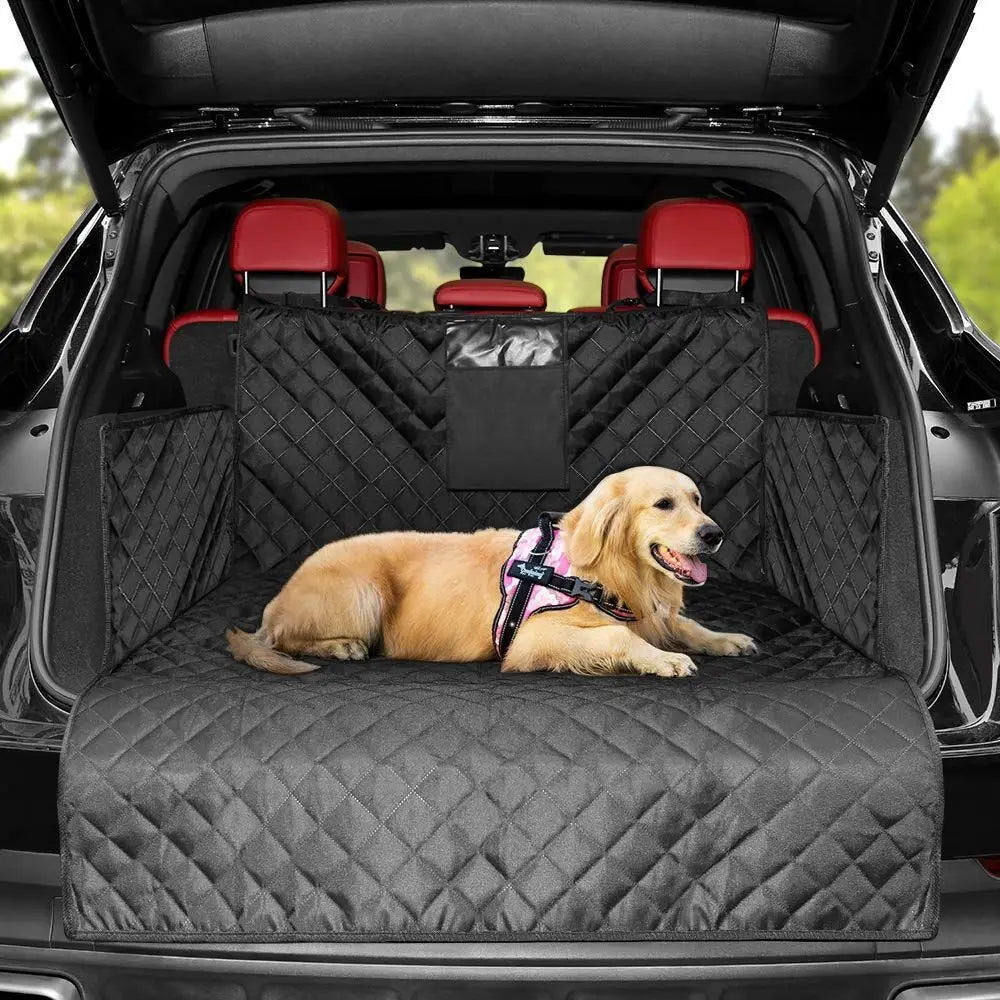 Golden retriever resting on the Roadie waterproof SUV cargo liner